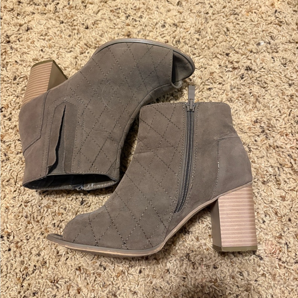 Suede Quilted Peep-Toe Ankle Boots - Taupe Heels